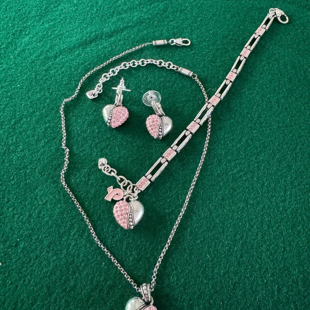 Brighton Pink Susan G Komen breast cancer awareness Silver Heart Necklace Set